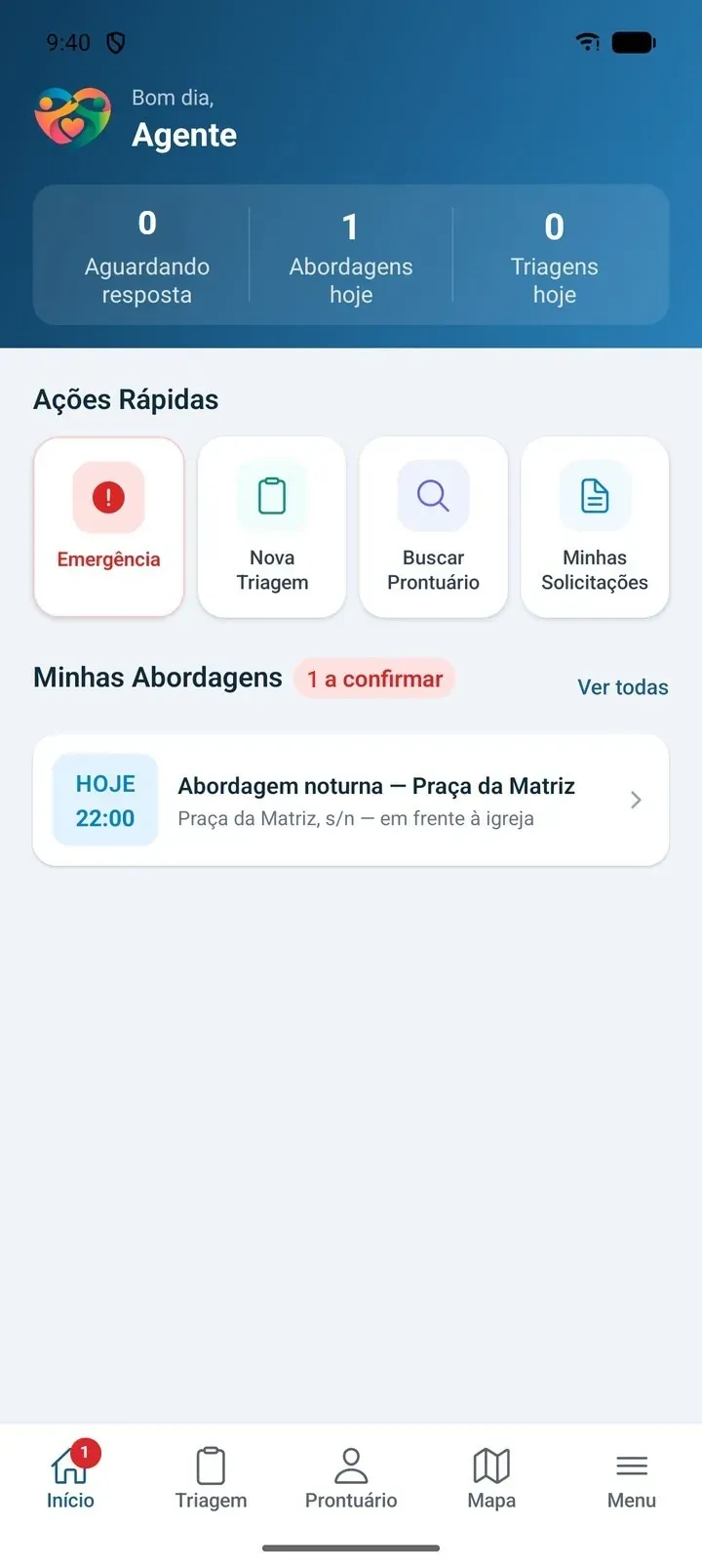 Field app home screen with quick actions and a pending invitation